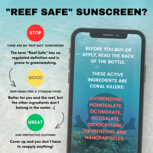 There is no such thing as reef safe sunscreen. Avobenzone, Homosalate, octinoxate, octisalate, octocrylene, oxybenzone and Nanoparticles are all known to harm coral reefs.